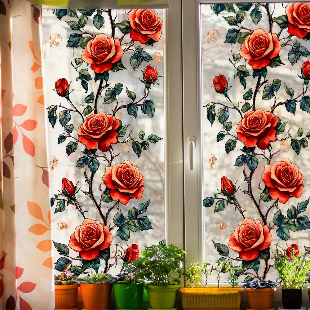 Painted Rose Flower Balcony Glass Window Beautification and Decoration Static Electricity Window Stickers