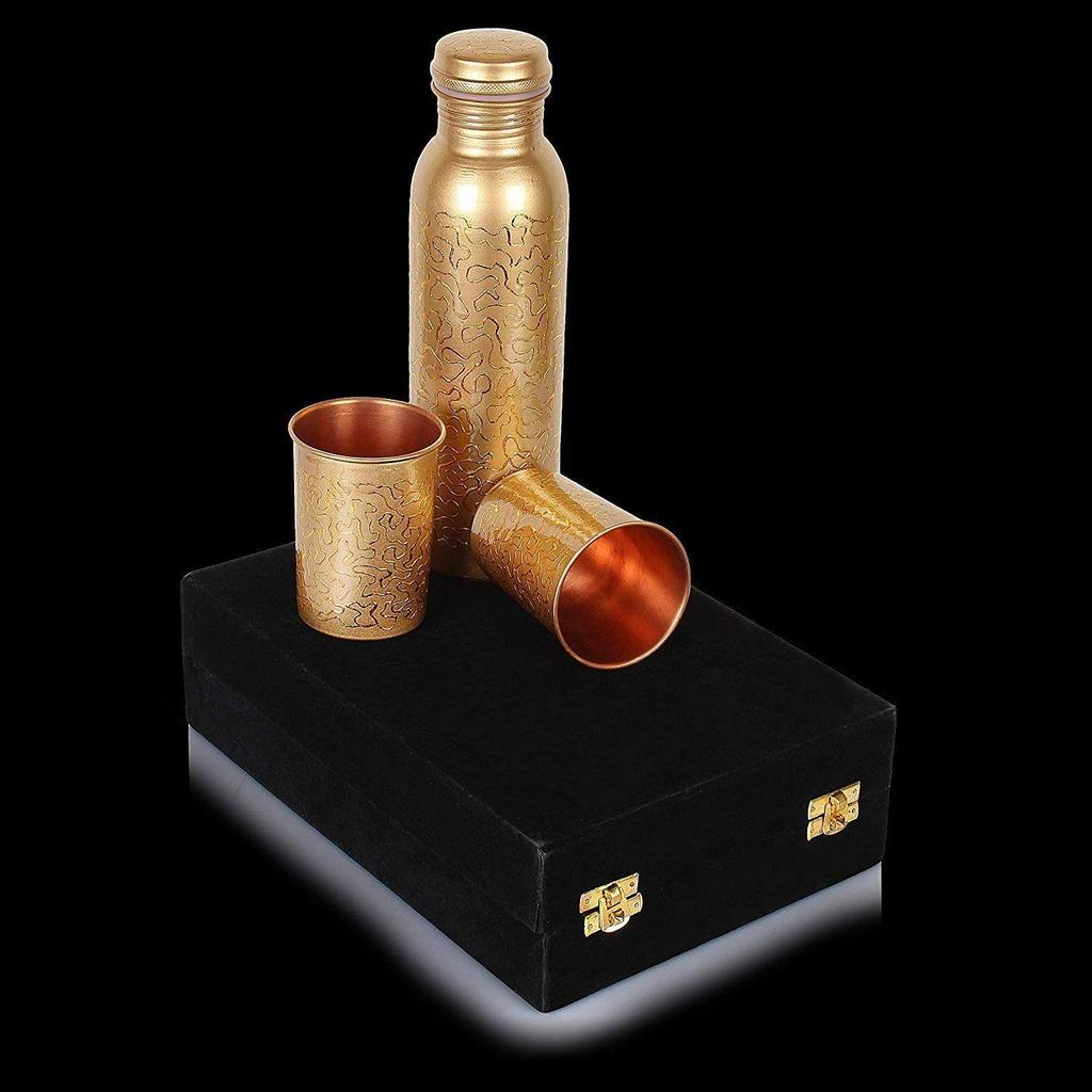 Медная бутылка для воды 1000 мл (Бутылка с набором из 2 стаканов)