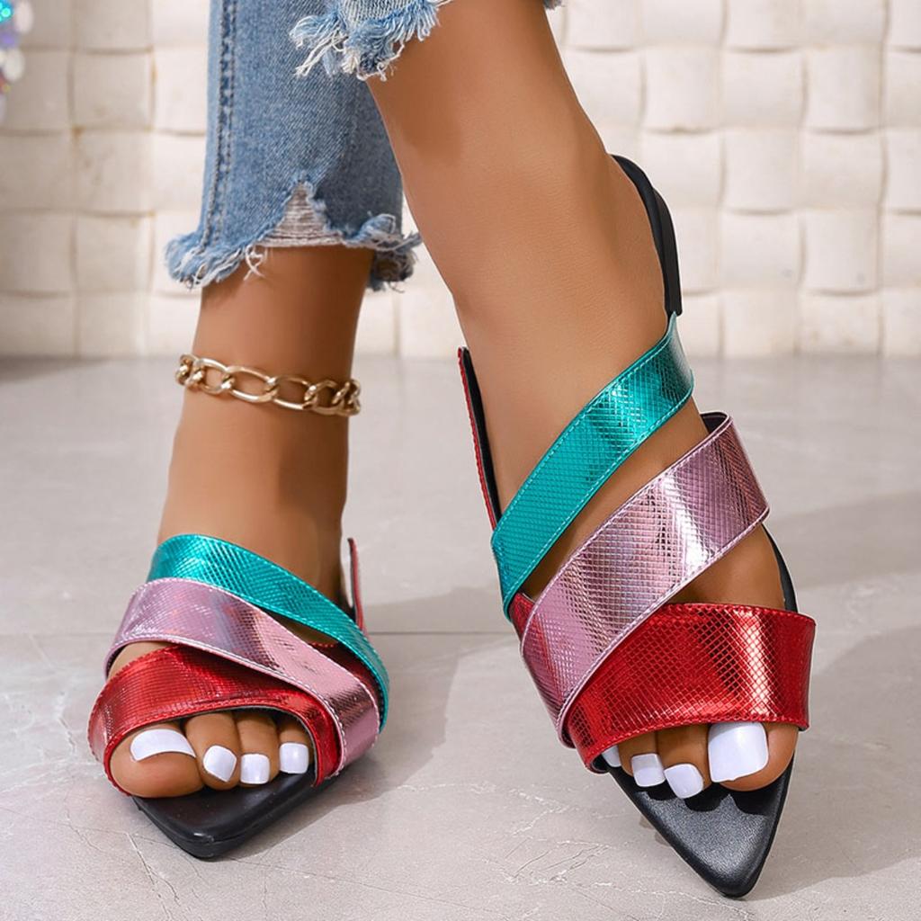 Шлепанцы на плоской подошве для женщин летние с цветными блоками повседневные женские туфли с острым носком комнатные тапочки сандалии модные шлепанцы