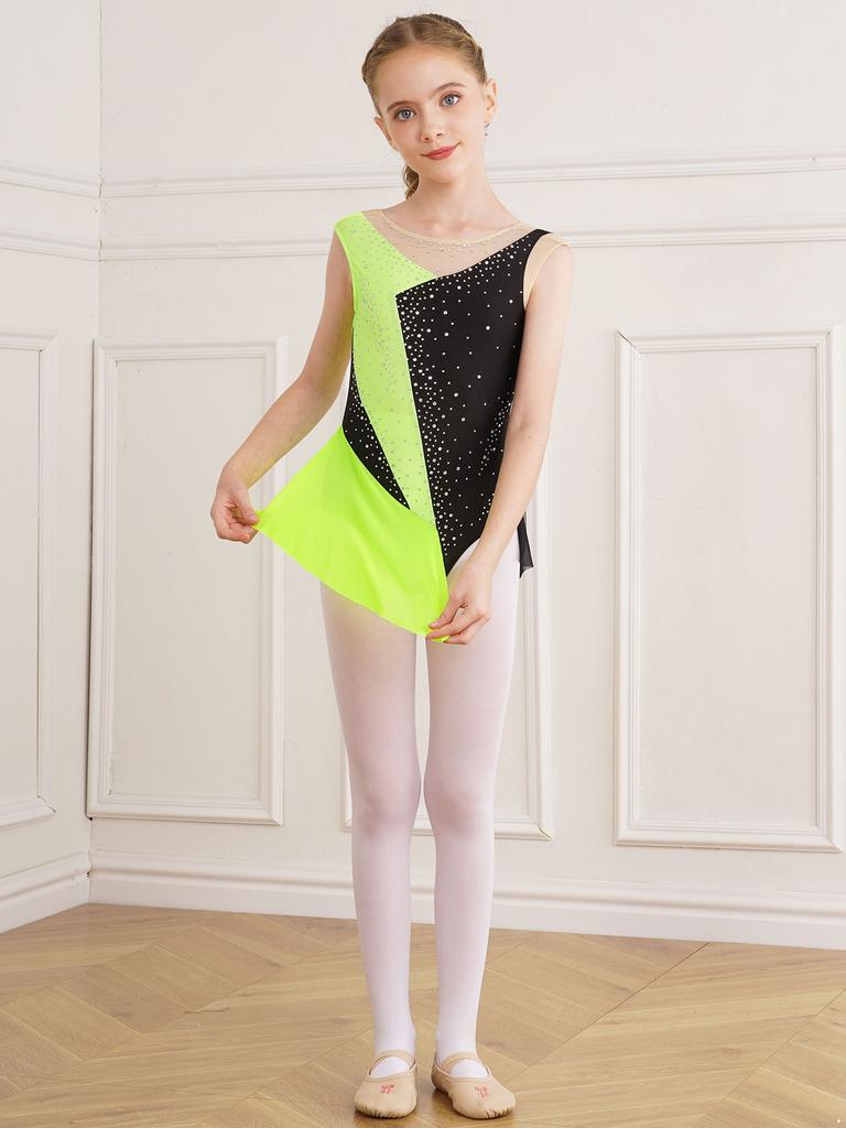 Костюм для девочек по фигурному катанию, блестящий купальник со стразами и цветными блоками, прозрачная сетка, пэчворк, художественная гимнастика, танцевальная одежда