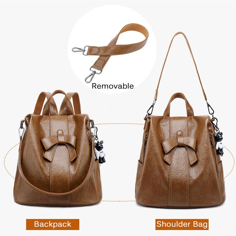 2025 Модные женские рюкзаки с бантом из натуральной кожи, женские школьные сумки из воловьей кожи с защитой от кражи и орнаментом в виде медведя
