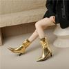 FOREADA Women Ankle Short Boots Pointed Toe Thin High Heels Pleated Metallic Boots Ladies Fashion Shoes Winter Gold Silver 44