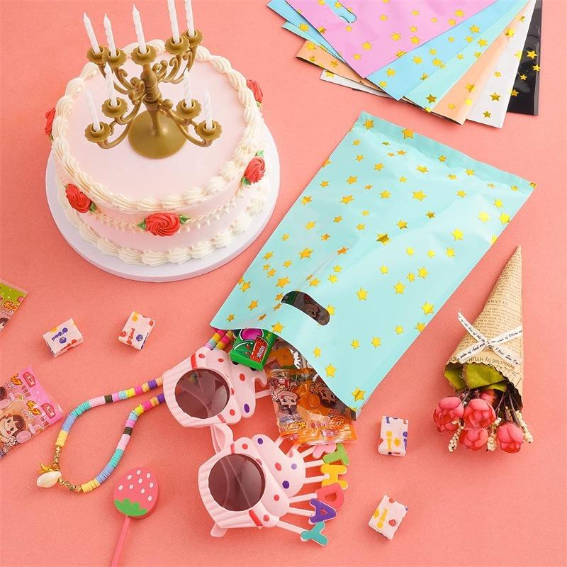 60 шт., пластиковые маленькие подарочные пакеты, красочные пакеты со звездным лакомством, сумка для конфет и печенья с ручкой для Рождества, Хэллоуина, дня рождения, свадьбы, вечеринки