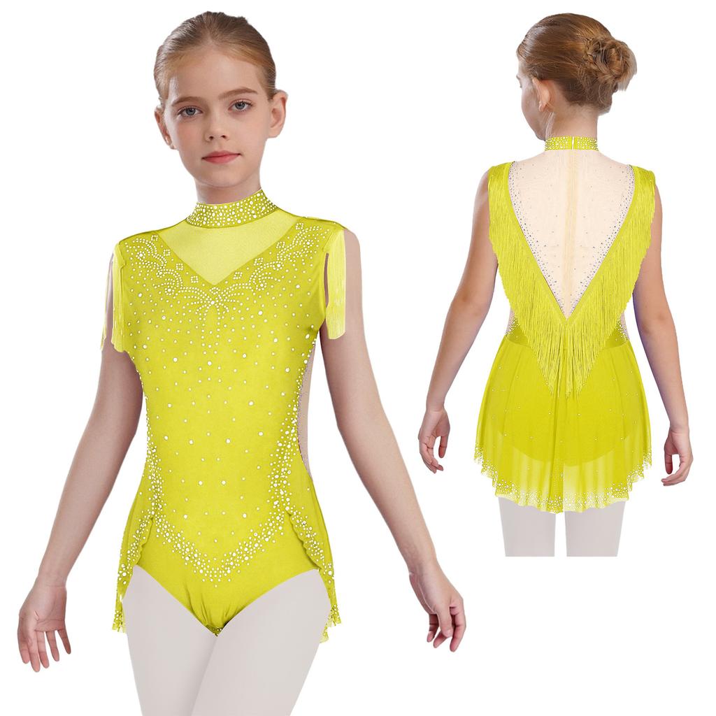 Girls Rhinestone Dance Leotard - Sparkling Mock Neck Bodysuit with Sheer Mesh & Tassel Skirt, Invisible Zipper Back