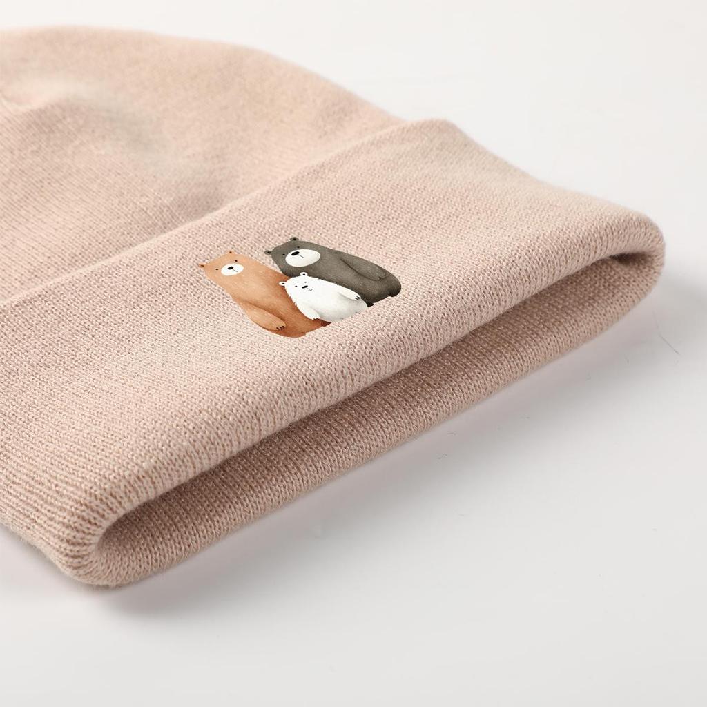Cartoon Bear Family Print Knitted Cap Beanie, Cute Animal Skull Cap Warm Elastic Headwear Headwear Knit Hat Beanie
