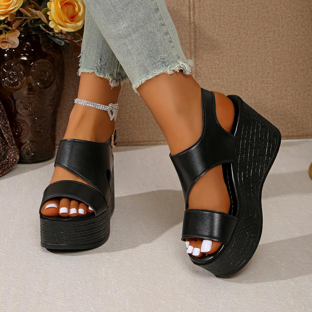 Fashion Open-toe Slope Sandals Leather Strap Roman Shoes 2025 Summer Fashion Lightweight Thick Sole High Heels Women's Shoes