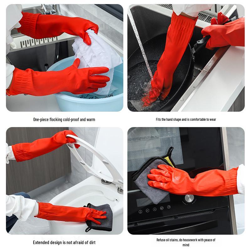New Arrival: Extended Waterproof Rubber Gloves - Thickened, Velvet-Lined for Household Cleaning
