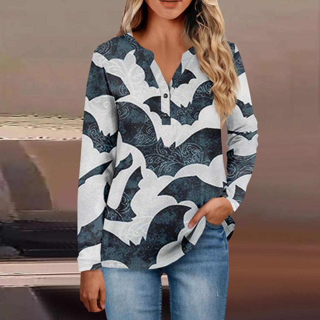 Women's Button Neck Tops Women's Casual Everyday Tops Long Sleeve V Neck Fashion Print Shirt Tops Pocket Tee Sweatshirts
