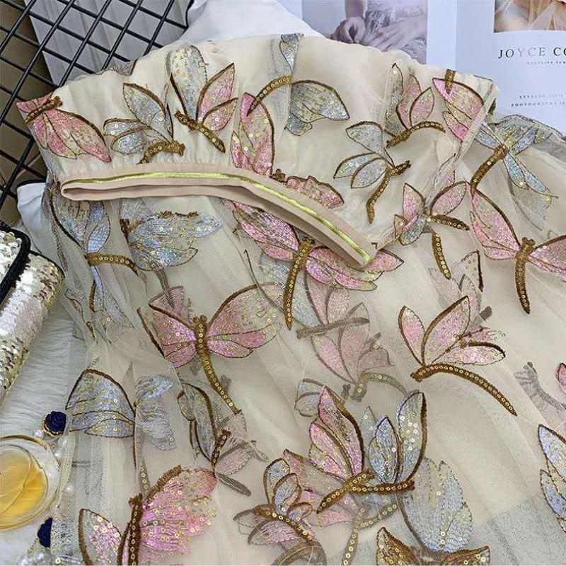 Heavy Industry Sequin Embroidery Women's Skirt Draped Mesh Skirt Medium Length Fashion Solid Color Versatile Pleated A-line Super Fairy Skirts