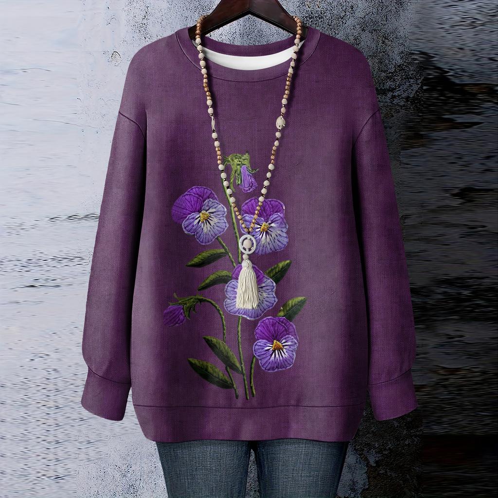 Женская футболка с цветочным принтом, круглым вырезом и длинными рукавами, свитшот