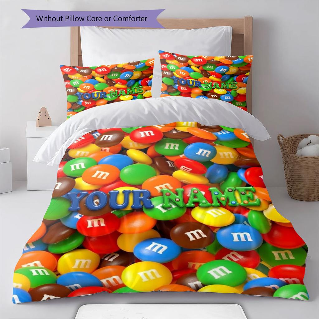 M&M's Custom Name Pattern Bedding,Quilt Set Quilt Cover Pillowcase Home Birthday Gift(1 * duvet cover + 2 * pillowcase, without core)