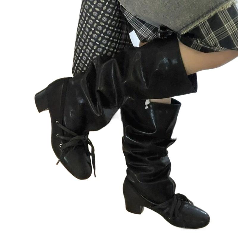 Fashion New Women's Chunky Leather Flats & Knee Boots - Square Toe Loose Fit Spring-Autumn Casual Shoes with Pleated Pants Zapatos Mujer