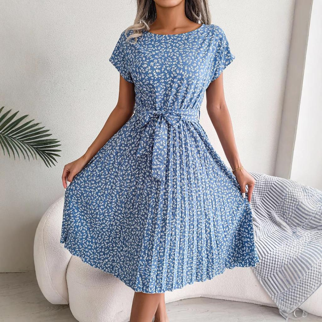 Instagram-style Real Photos of Spring and Summer Casual Short-sleeved, Floral, Large-swing Pleated Skirt Women's Clothing