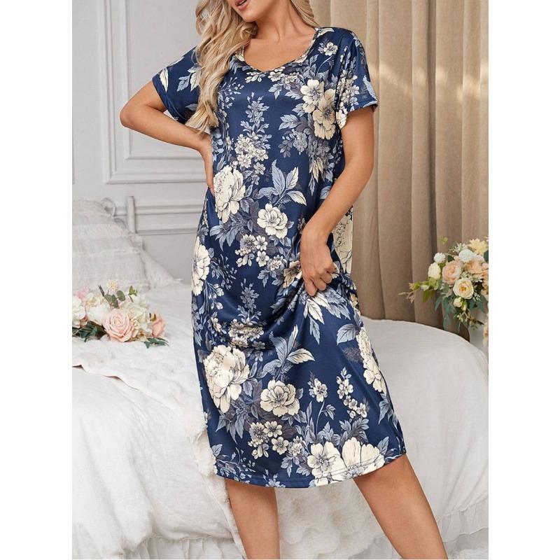 Большой размер, круглый вырез, короткий рукав, синий цвет с цветами абрикоса, домашняя одежда, ночная рубашка, платье, повседневный стиль, женская одежда с принтом