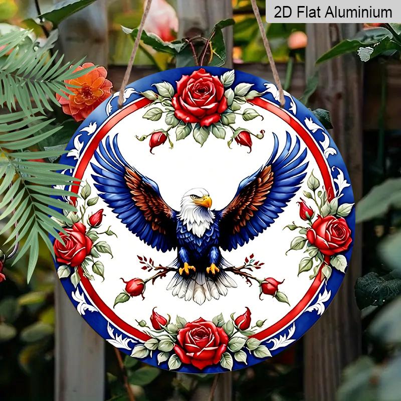 2D Flat, 1pc Blue, Red and White Eagle Garland Sign, round Metal Aluminum Garland Sign, Patriotic Sign, 4th of July & Memrial Day Decorative