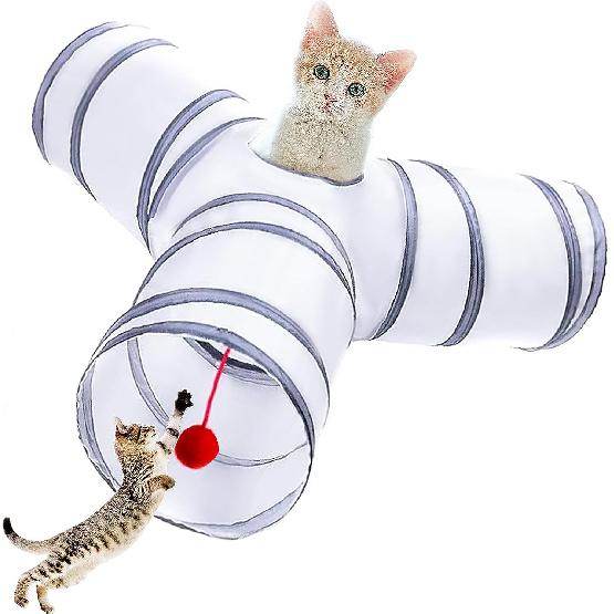 Cat Tunnel Tube Toys, Tunnels for Indoor Cats, 3 Way Colorful White Gray Collapsible Interactive Toy with Balls for Rabbits, Kittens, Ferrets, Puppy