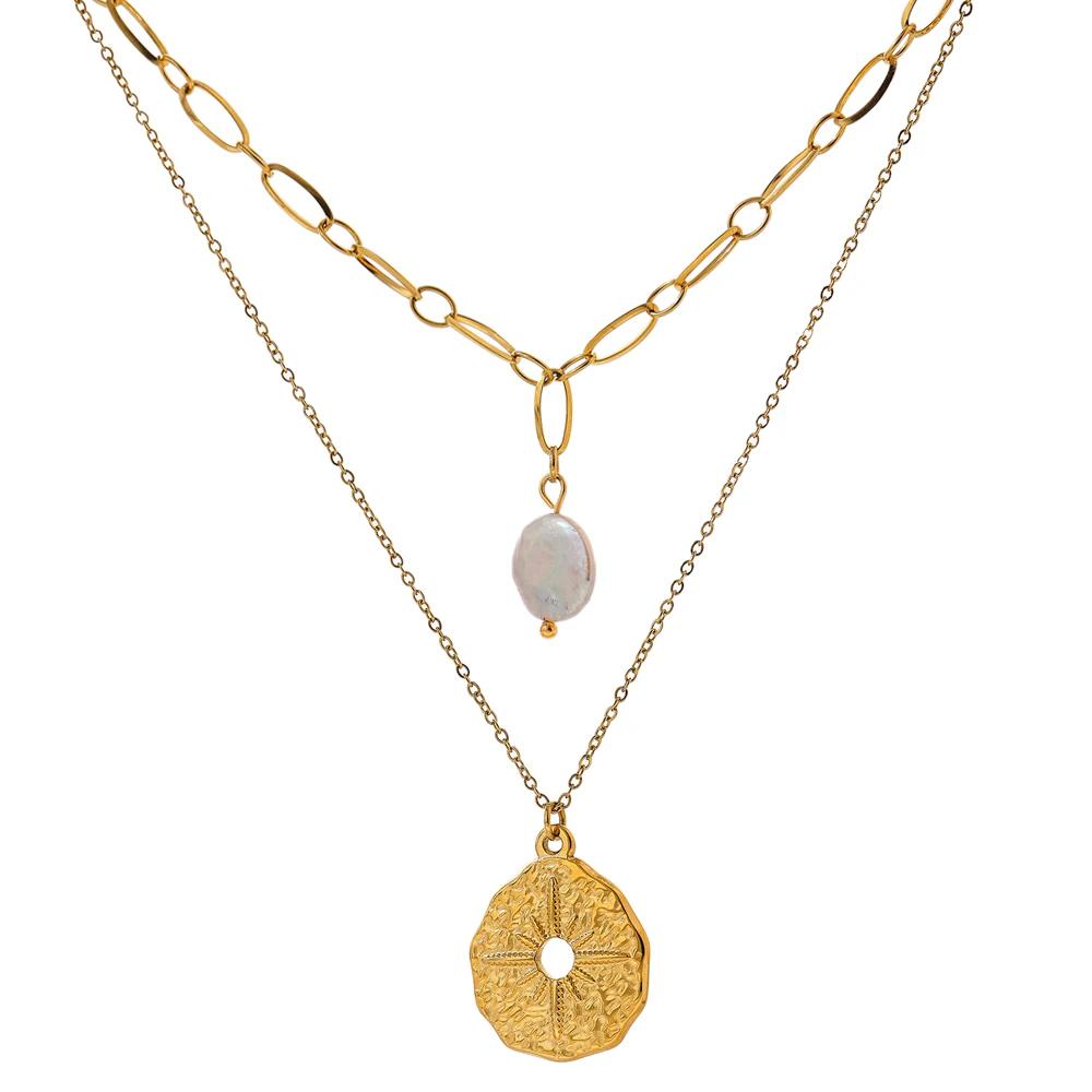 Yhpup Statement Round North Star Layered Pendant Necklace for Women Golden Stainless Steel Natural Pearl Chain Collar Necklace