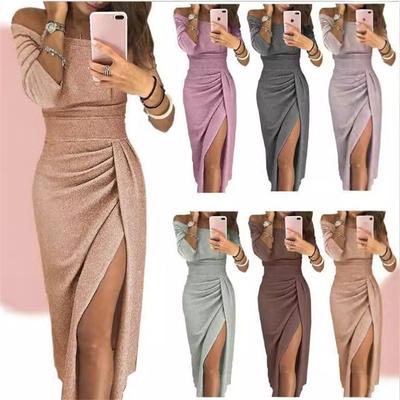 Женское платье с разрезом на бедре, однотонное, на одно плечо, облегающее талию, блестящее элегантное платье-юбка, вечернее платье