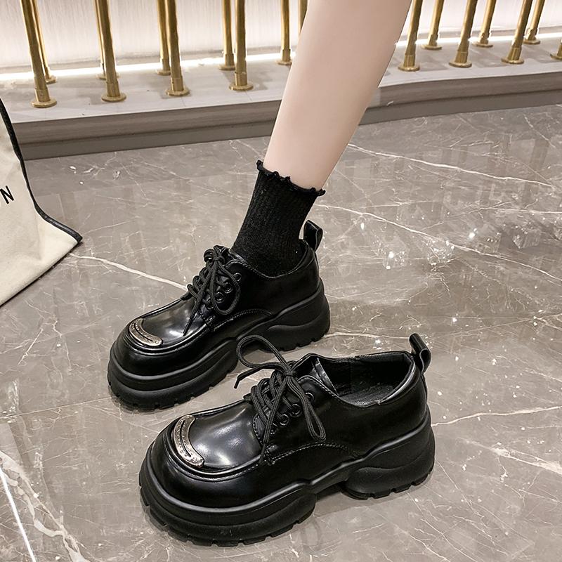 Loafers for Women 2024 Spring and Autumn Casual Fashion Thick-soled Heightening Lace-up Solid Color College Style Women's Shoes