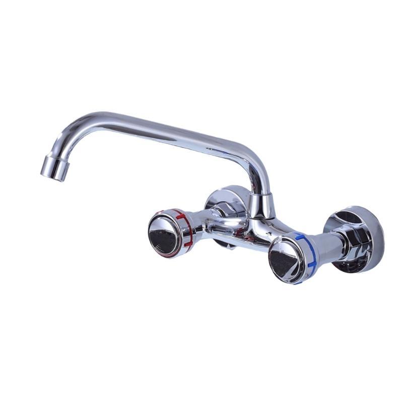 652F 360 Rotate Wall Mounted Kitchen Faucet Double Handle Operation Strong Brass Construction Hot Cold Water Control