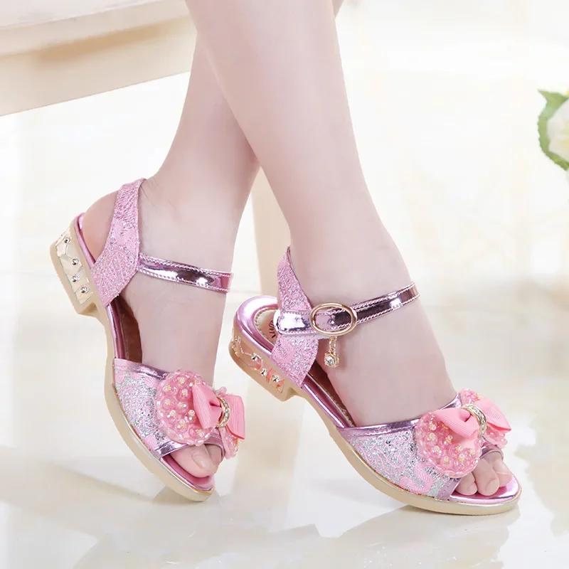 Обувь принцессы для девочек, летние детские туфли на высоком каблуке с открытым носком, вечерние, свадебные сандалии для малышей, нескользящая детская повседневная пляжная обувь с блестками
