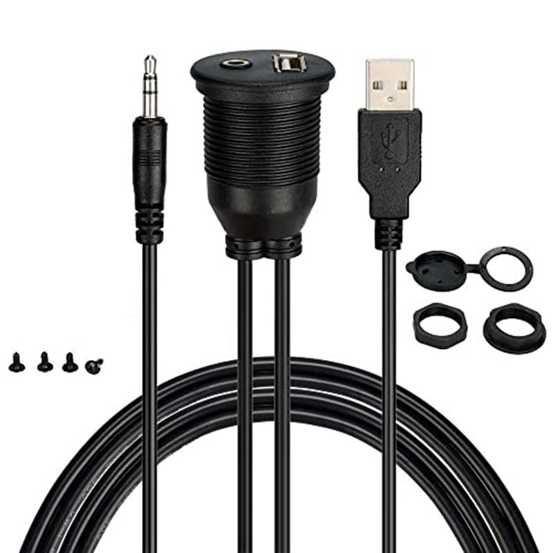 Car Dashboard Panel USB & 3.5mm AUX Audio Jack Flush Mount Waterproof Cable 1M/3FT Extension Cord for Truck Boat Motorcycle