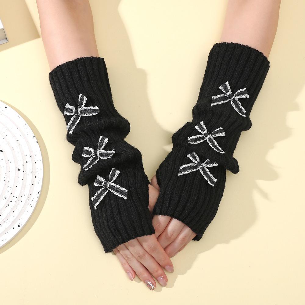 Y2K Bow Fingerless Gloves Thicken Hands Free Gloves Fashion Long Knit Arm Warmers Autumn