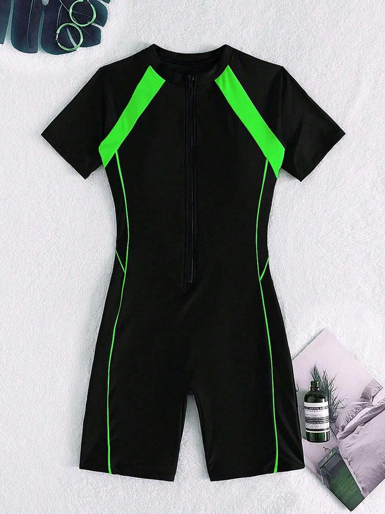 Женский слитный купальник с короткими рукавами и молнией на 2024 год для серфинга и пляжной одежды