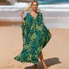 Plus Size Boho Cover Up, Women's Plus Painting Print Bat Sleeve V Neck Split Hem Maxi Cover Up Dress