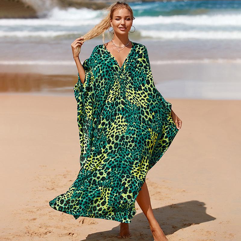 Plus Size Boho Cover Up, Women's Plus Painting Print Bat Sleeve V Neck Split Hem Maxi Cover Up Dress