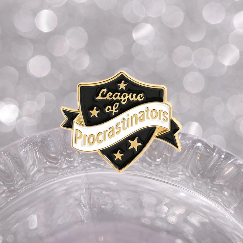 League of Procrastinators Enamel Pins Shield Collar Brooches Lapel Badges Black Punk Jewelry Decorations Gift for Friends