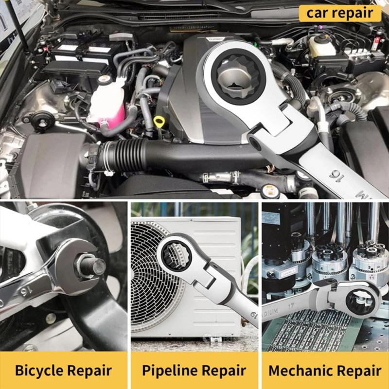 Набор ключей из хромированной стали, 12 шт., подвижная головка, фиксированная головка, храповой ключ двойного назначения, машина для авторемонта