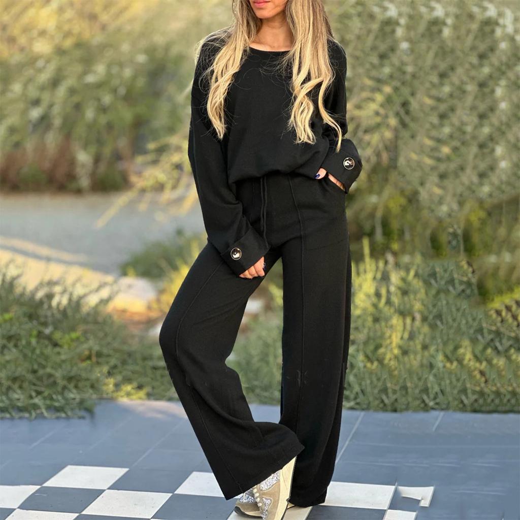 Женская мода повседневная с длинным рукавом широкие длинные брюки комплект из двух частей свитшот с длинным рукавом