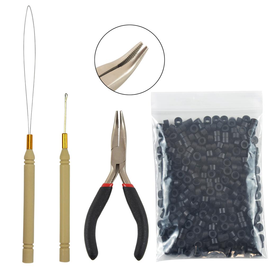 Hair Extensions Tool Kit : I-Tip Hair Pliers 500 Pieces Micro Silicone Hair Beads/Rings Pulling Loop Threader Hook Needle