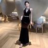 Women's French Temperament Mesh Stitching Diamond-bound Velvet Dress