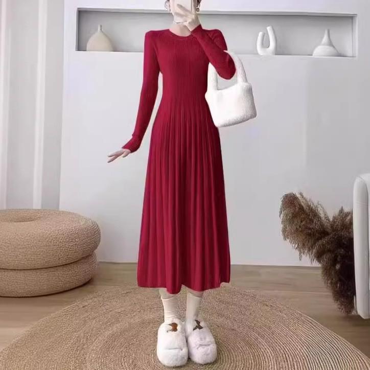 Осень и зима новый повседневный модный внутренний свитер юбка однотонный круглый вырез до колена длинное вязаное платье женское