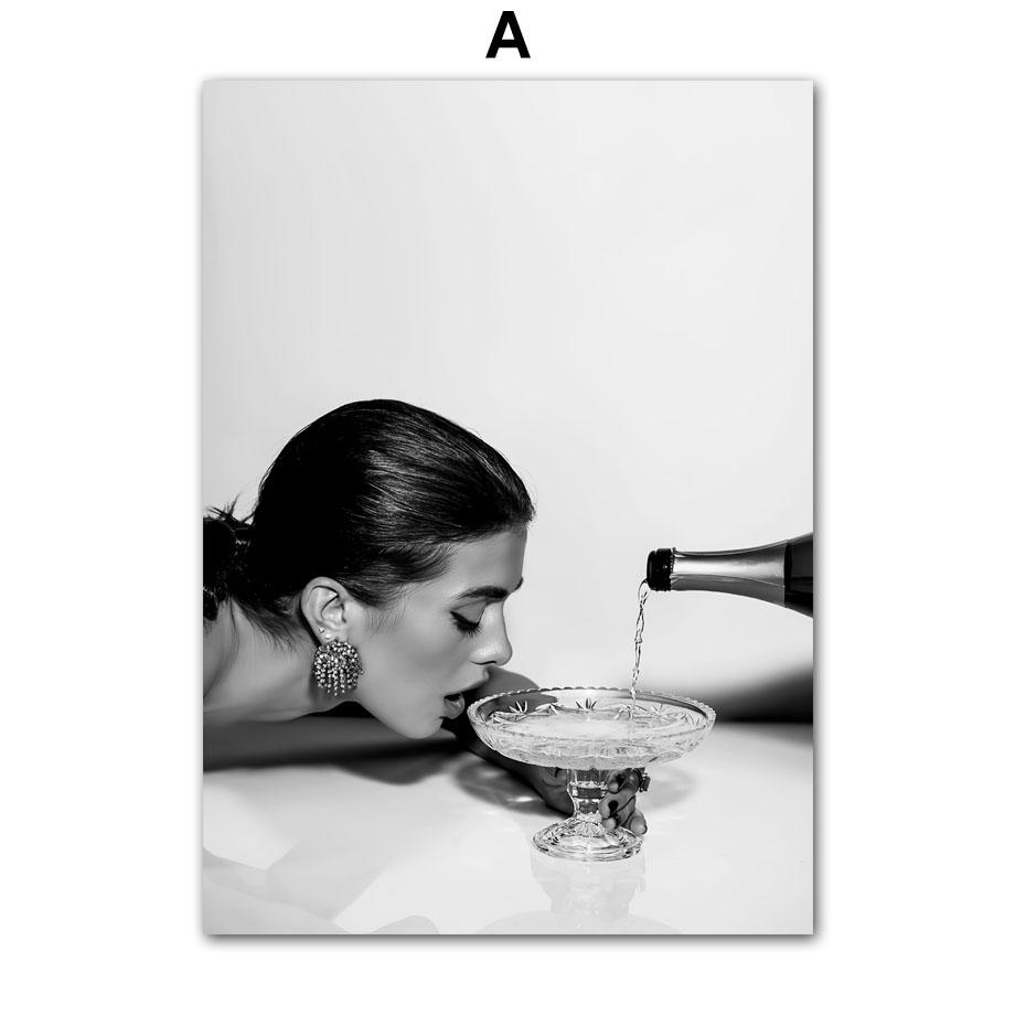 Wall Art Canvas Painting Champagne Coffe Wine Paris Girl Black White Living Room Decoration Posters And Prints Wall Pictures