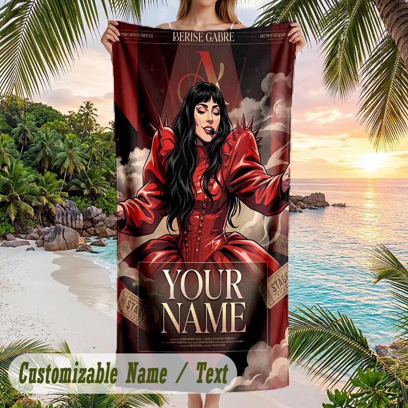Lady Gaga Beach Towel, Personalized Custom Name Text, Quick Dry Large Absorbent Towel For Beach Pool