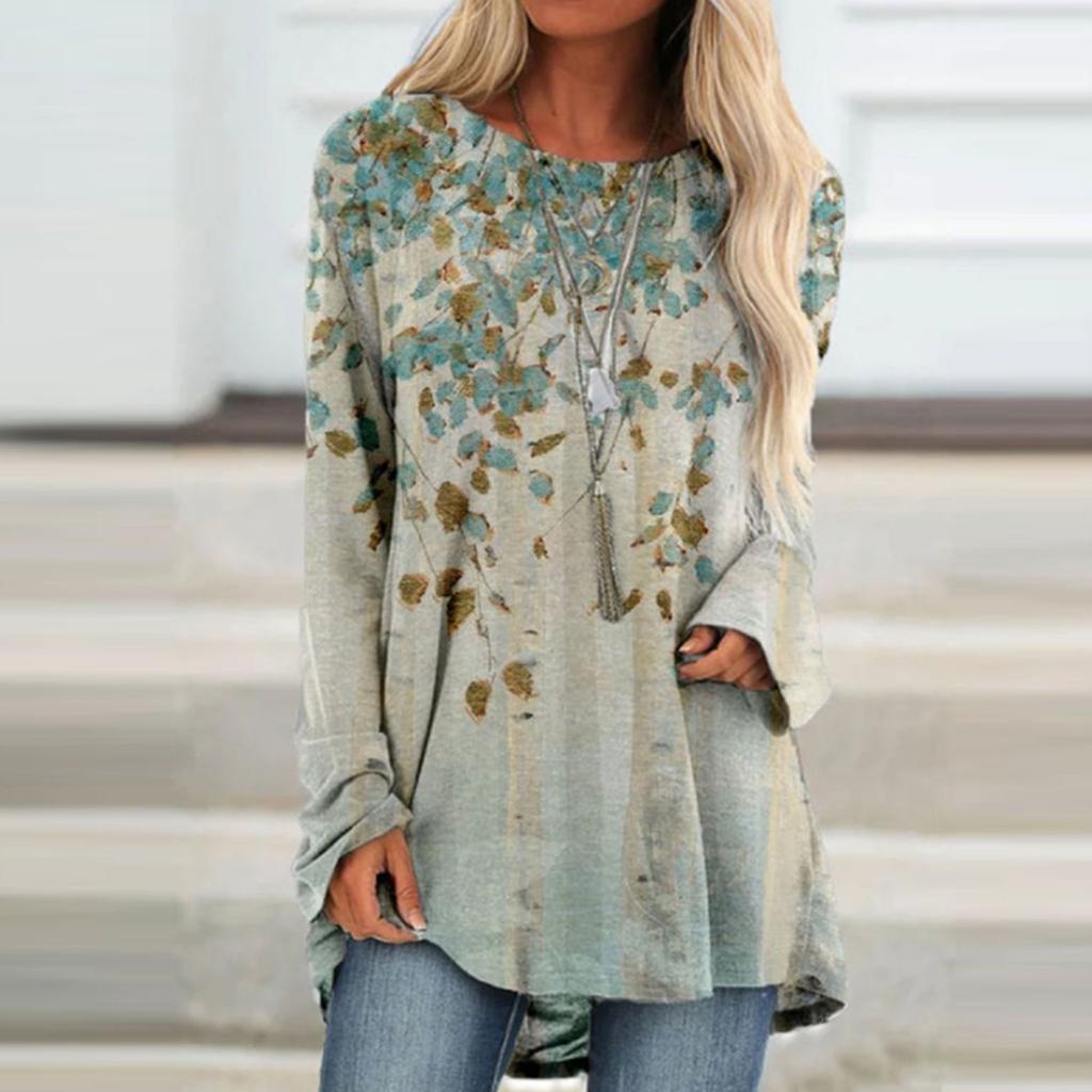 Women's Casual Fashion Creative Print Loose Round Neck Long Sleeve Tops