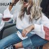 IHUASU Sexy Hollow Knitted Jumper Women's Autumn and Winter Round Neck Long Sleeve Colour Clashing Loose Knit Sweater Tops