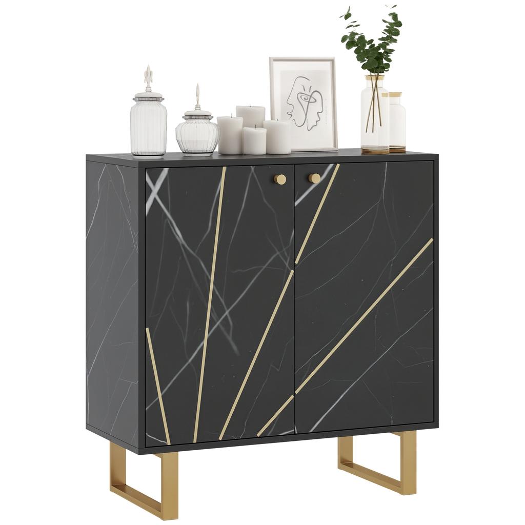 Storage Sideboard with 2 Doors and Adjustable Shelf Metal Legs 76 x 35 x 77 cm Black Marble Tone