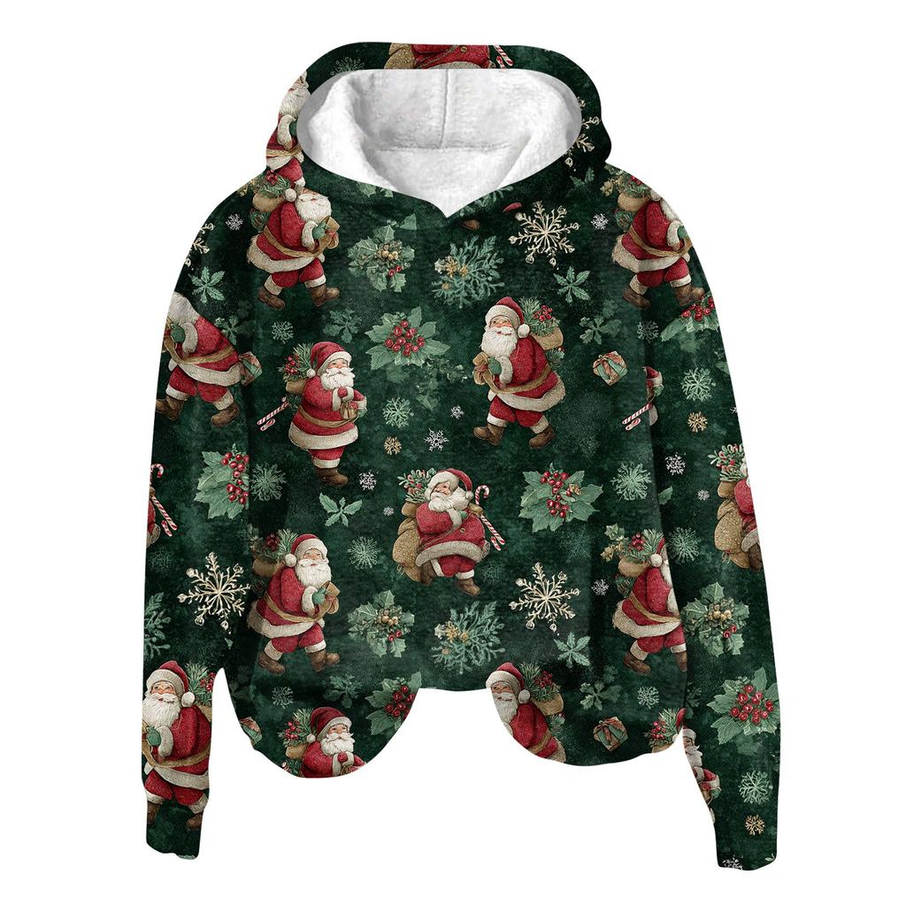 Women's Fashion Long Sleeve Christmas Print Loose Hooded Sweatshirt Top