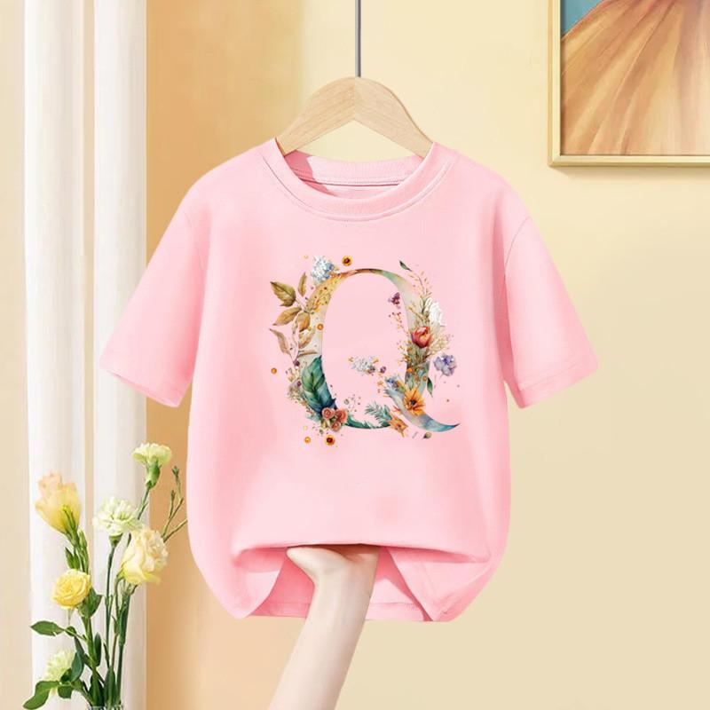 Девочки Футболка С Пользовательским Именем Комбинация Букв Принт Футболка Цветочный Буквенный Шрифт A B C D E F G Короткий Рукав Детские Розовые Топы