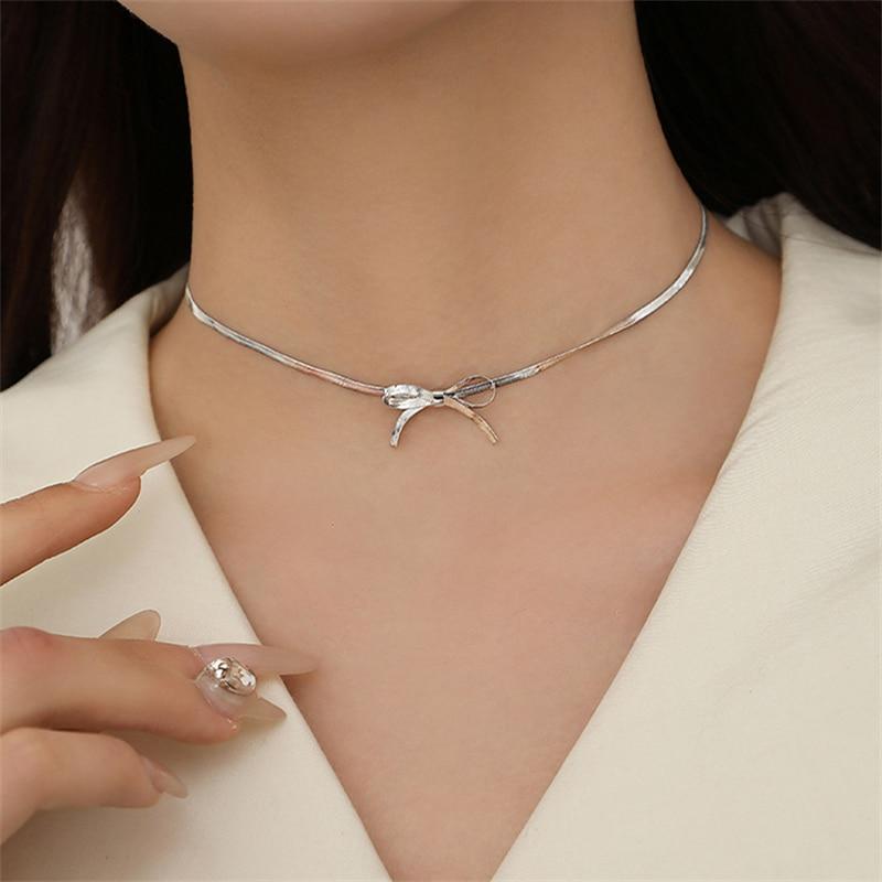 Minimalist Knot Bow Choker Necklace for Women 316L Stainless Steel Tiny Snake Chain Sexy Clavicle Choker Wedding Jewelry Gift