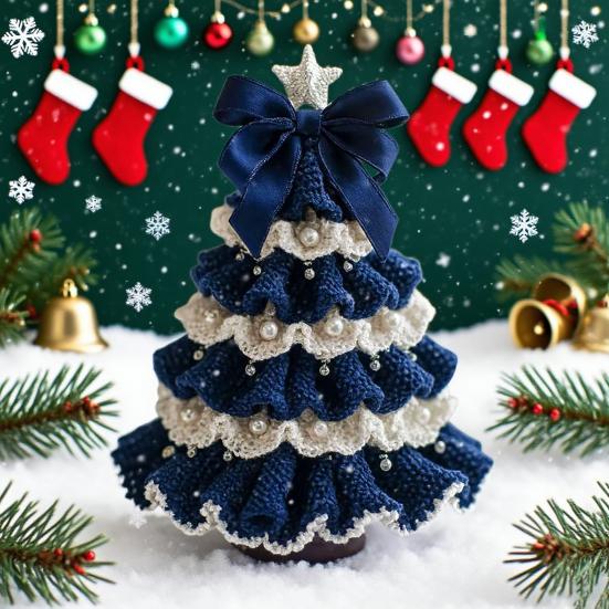 Handmade Crochet Christmas Tree DIY Xmas Tree Crochet Craft Starter Set with Bow And Faux Pearl for Beginners Knitting Holiday Decoration