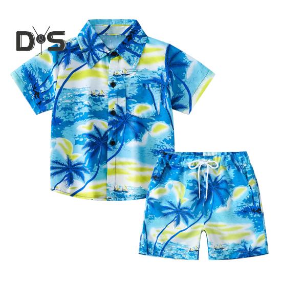 Комплект гавайской одежды для малышей, рубашка с изображением пальмовых листьев на закате, шорты, детский костюм в стиле кокоса, дышащая повседневная летняя одежда для повседневной носки