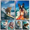 Surfing Animal Cat Tiger Sloth Penguin Girafe Funny Art Posters Prints Canvas Paintings Funny Animal Wall Art Mural Home Decor