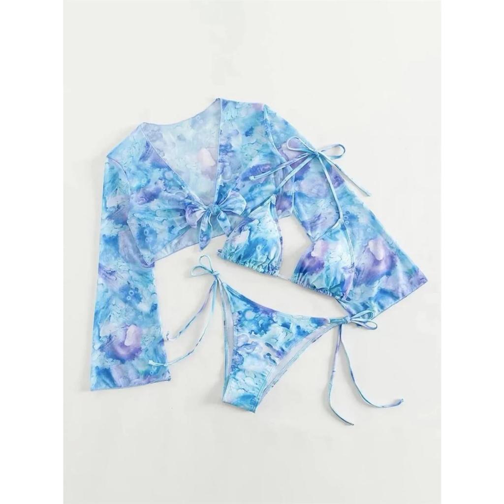 Сексуальный синий Tie Dye комплект из 3 предметов, женский комплект бикини с длинным рукавом и завязками спереди, купальник 2024, купальный костюм с завязками сбоку, стринги, купальник