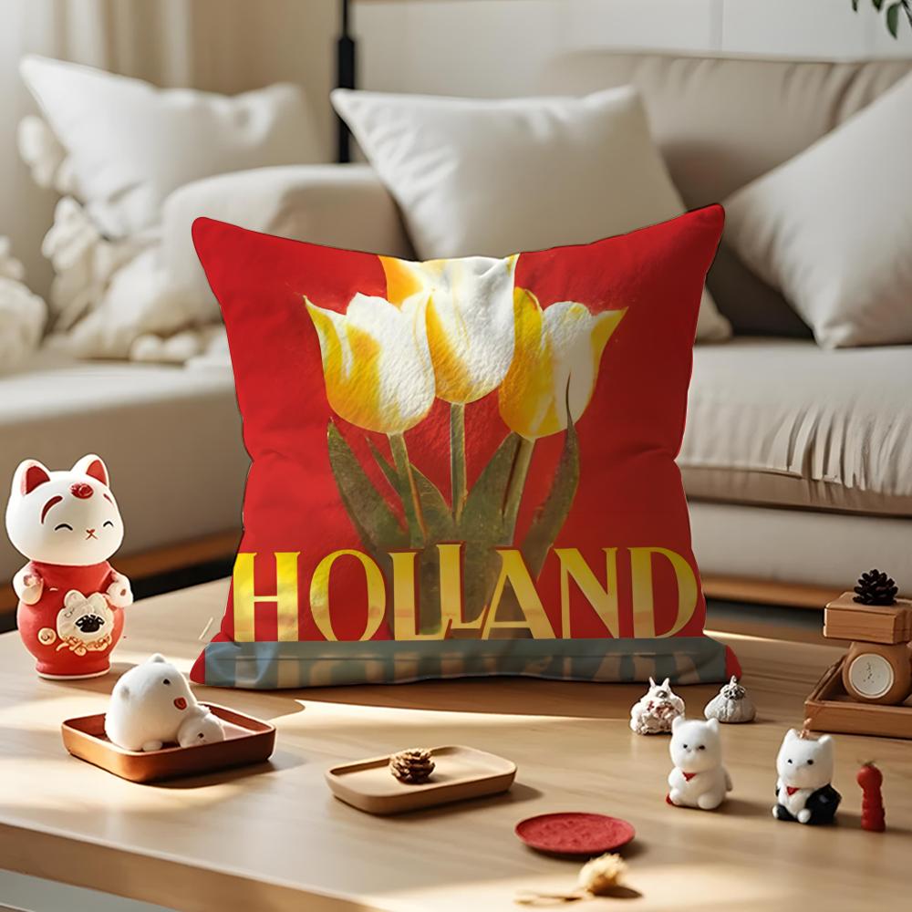 Dutch Windmills & Tulips Cushion Cover Anti-dustmite Pillowcase Invisible Zipper Silky Short Plush Sofa Cushion Cover