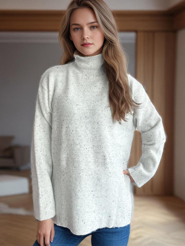 Autumn/Winter 2025 Polka Dot Color Block High Neck Pullover Sweater with Slit Sleeves